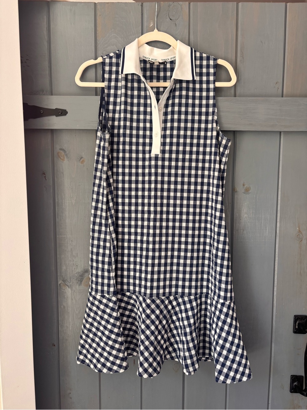 Tuckernuck Sleeveless Navy & White Gingham Dress with Polo Collar (M)